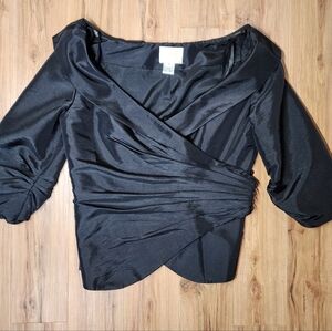 LaBelle Fashions Women’s Black Ruched Wrap Blouse Size 6 Long Sleeve Satin